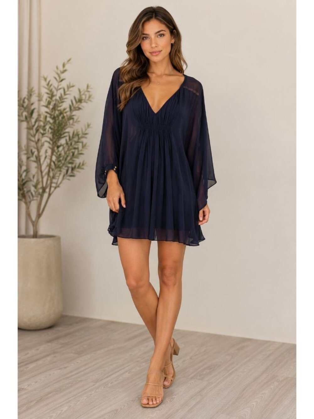Diane Von Furstenberg Women Mini Dress  Size 4  Navy Blue Silk Sheer Kaftan